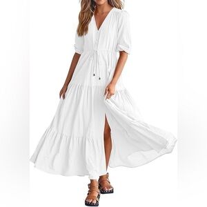 V Neck Button Drawstring Maxi Dress